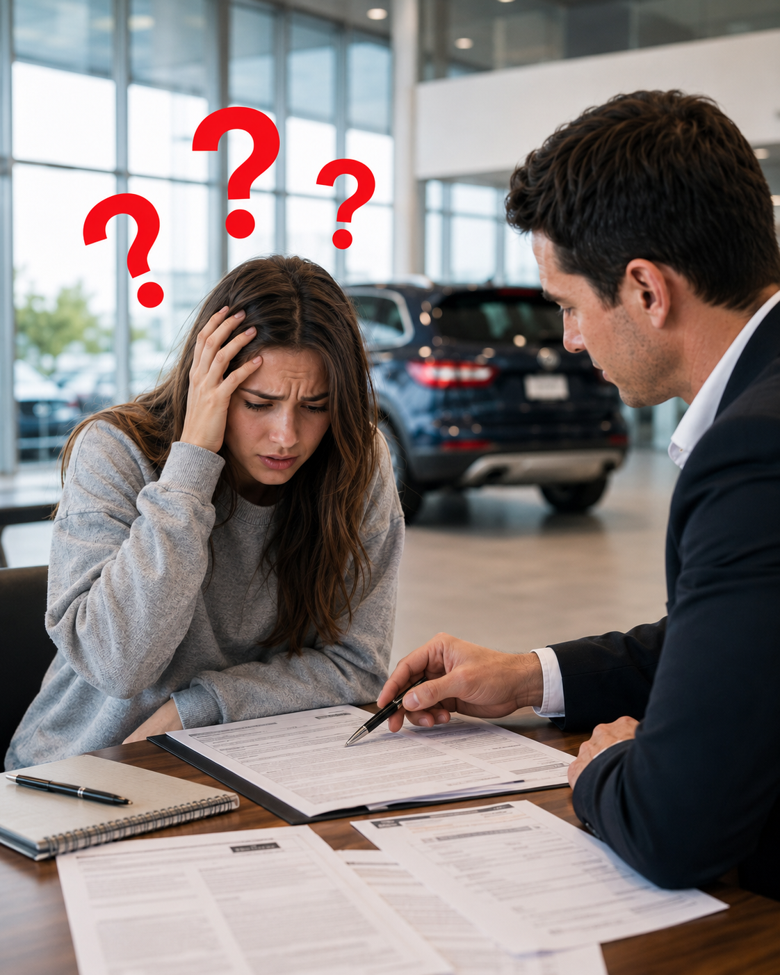 Confused young car buyer reviewing dealership paperwork while CARTRIA helps take away the headache and hassle