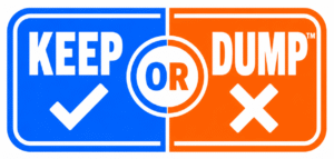 Keep or Dump logo featuring a bold split-face icon with thumbs up and thumbs down symbols.